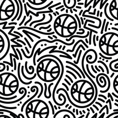 black and white basketball doodle. hand drawn illustration for sticker, postcard, wallpaper, mural, 