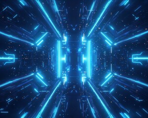 Poster - blue glowing lines form a tunnel in digital space, for tech design, background or presentations