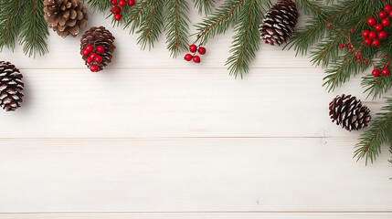 Wall Mural - Festive Christmas background with pine branches, red berries, and cones on light wooden backdrop. Blank space for text.