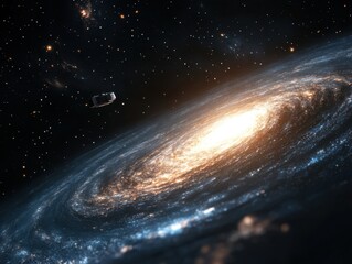 Wall Mural - Impressive Spiral Galaxy with Bright Core and Spacecraft in Orbit