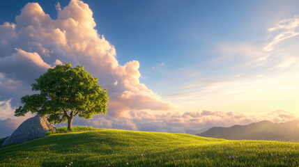 Wall Mural - serene landscape featuring solitary tree on grassy hill, with vibrant clouds and warm sunset illuminating scene. peaceful atmosphere evokes sense of tranquility and beauty