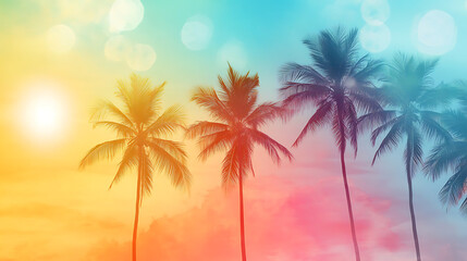 Wall Mural - Vibrant palm trees in sunlight with a tropical sky background.