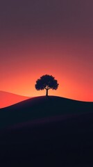 Wall Mural - elegant silhouette of a lone tree on a serene hillside at sunset