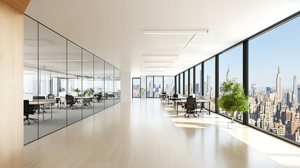 Wall Mural - Modern office space with large windows and bright cityscape background.