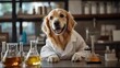 © Kittichet - Dog wearing a lab coat sitting at a table with various objects and papers