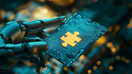 Aufkleber - A robotic hand holds a glowing puzzle piece on a circuit board, symbolizing technology, innovation, and problem-solving in a digital world.