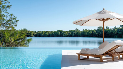 Wall Mural - Dreamy summer poolside escape with serene view of lake