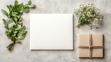 Wall Mural - Blank canvas with greenery and gift box for creative projects