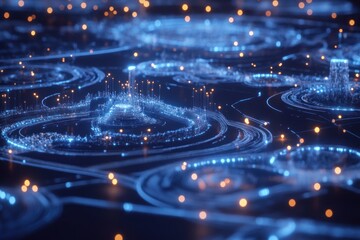 Poster - glowing blue data visualization of interconnected paths with golden accents, ideal for tech backgrou