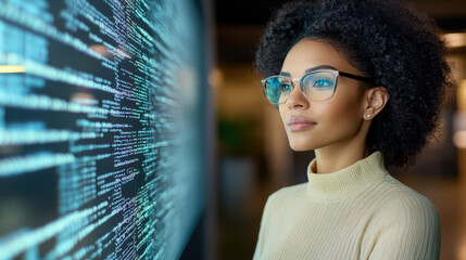 focused woman with curly hair and glasses gazes at digital screen displaying code