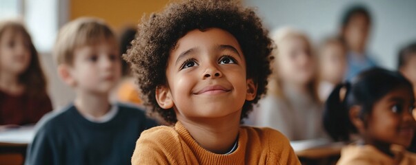 Poster - Curious boy listening attentively in elementary school class