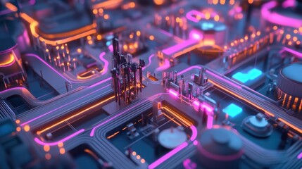 Wall Mural - Complex network of circuits and components, glowing with vibrant neon lights, represents advanced technological infrastructure and innovative engineering