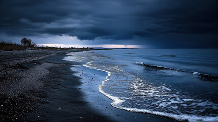 Wall Mural - tranquil beach scene with gentle waves rolling onto dark shoreline under moody sky. atmosphere evoke