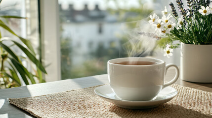 Wall Mural - soothing cup of chamomile and lavender tea with steam rising