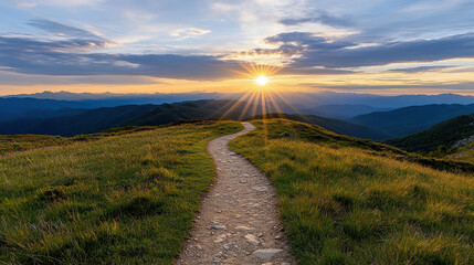 Sticker - winding mountain trail illuminated by first rays of sunrise