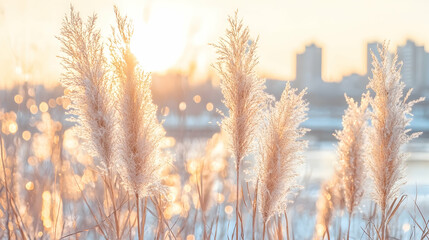  Frosty reeds sunset cityscape background