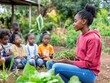 © TPS Studio - A young woman teaches children about gardening in a lush, green outdoor setting, promoting environmental awareness and hands-on learning.