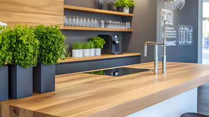 Wall Mural - Modern kitchen interior with wooden countertops and plants on shelves.