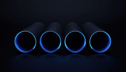 Poster - four dark cylindrical tubes with blue neon light glowing at the edges, reflecting on a dark surface.