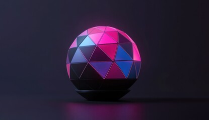 Poster - geometric sphere with pink, blue, and purple facets on dark background.