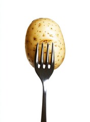 Poster - Fork piercing potato, white background, food photography, recipe illustration