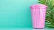 © UnElle  - Pink Plastic Trash Can and Palm Leaf on Teal Background