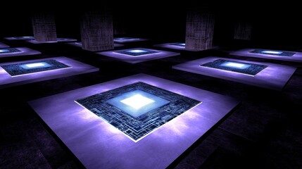 Poster - Glowing square platforms in a dark, futuristic space.