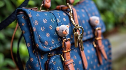 a school bag with a soft plush ring-tidy bear keychain looped onto the strap. hd 8k wallpaper photog