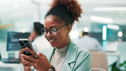 Poster - Happy woman, software developer and typing with phone for UI, UX or app development at office. Female person, programmer or user with smile on mobile smartphone for online testing or web design