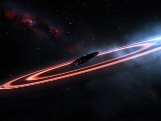 Wall Mural - Stunning Spaceship Orbiting Vibrant Colorful Planetary Rings