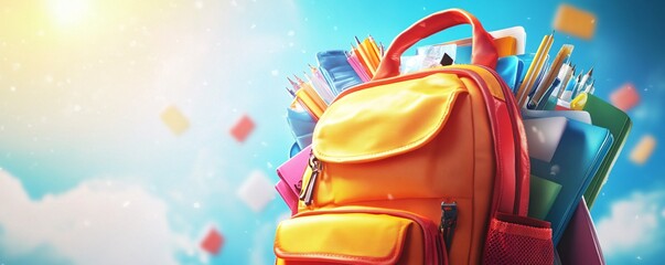 Poster - Vibrant orange backpack filled with school supplies against a clear blue sky