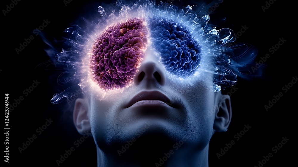 Surreal representation of a human head with glowing brain hemispheres ...