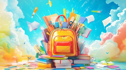 Poster - Overflowing school supplies backpack stands on top of books against a dreamy sky backdrop