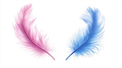 Wall Mural - Pink feather and a blue feather are floating together on a white background