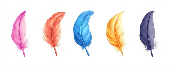 Aufkleber - Five colorful bird feathers are floating on a white background