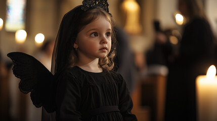 A little girl dressed as an angel stands on a small stage, gently lowering the black veil from the statue of Mary as a symbol of the resurrection of Jesus, Ai generated images