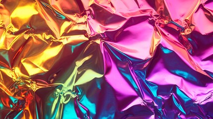 Poster - crumpled metallic foil with a shiny texture reflecting vibrant colors