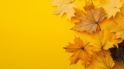 Wall Mural - Composition of dry maple leaves set against a bright yellow background with space for text