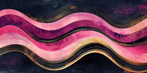 Poster - Painting of a pink wave with gold accents