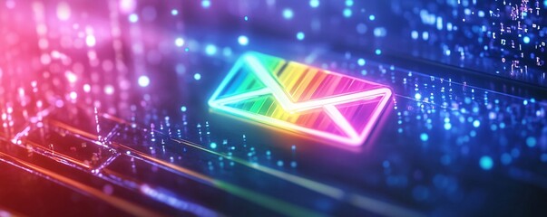 Aufkleber - Glowing neon rainbow envelope on circuit board representing online communication with data