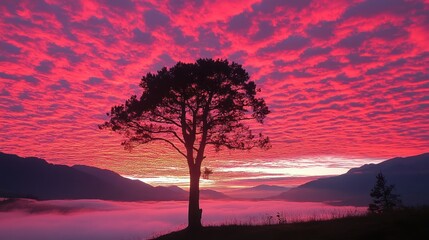 Wall Mural - Lone tree silhouetted against vibrant red sunrise over misty mountains.