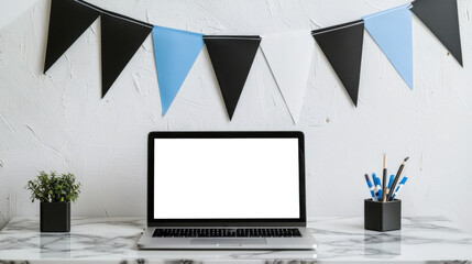 Wall Mural - A laptop mockup in a room with blue, black and white flags. An open laptop with a white screen stands on a marble table. Website presentation