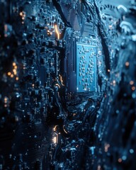 Poster - close-up view of a complex electronic circuit board, glowing with lights, a technological backdrop u