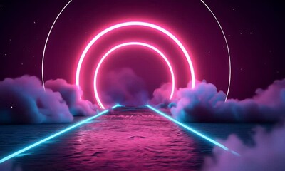 Wall Mural - Futuristic neon tunnel, clouds, vibrant lights, digital art