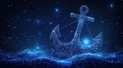 Canvas Print - Abstract glowing anchor in starry night sea.