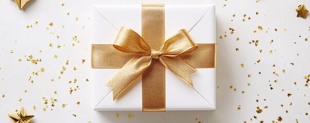 Poster - Elegant white gift box with a golden ribbon surrounded by shimmering confetti on a white backdrop, ideal for christmas, birthdays, or any special occasion