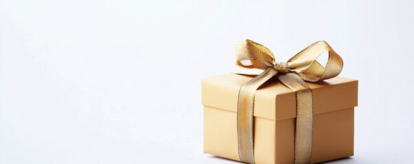 Poster - Golden gift box with a gold ribbon tied in a bow is sitting on a white background
