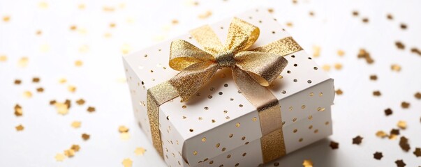 Aufkleber - White gift box with a golden ribbon rests on a white surface adorned with golden confetti