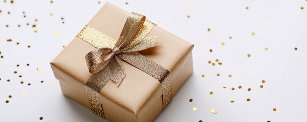Poster - Elegant gold gift box with gold ribbon sitting on a white background with gold confetti