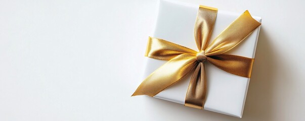 Poster - Elegant and celebratory: white gift box adorned with a golden ribbon in a beautiful bow